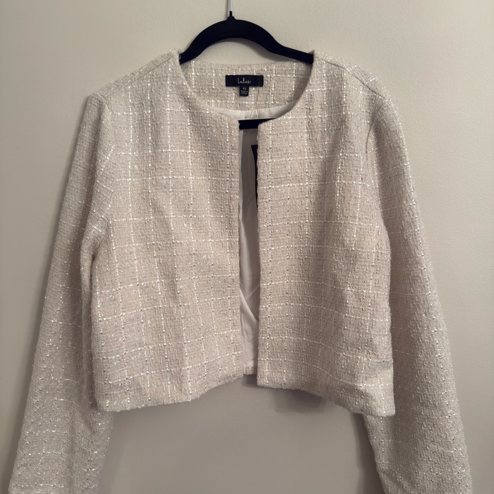 Lulu's Ivory Sparkle Tweed Cropped Blazer